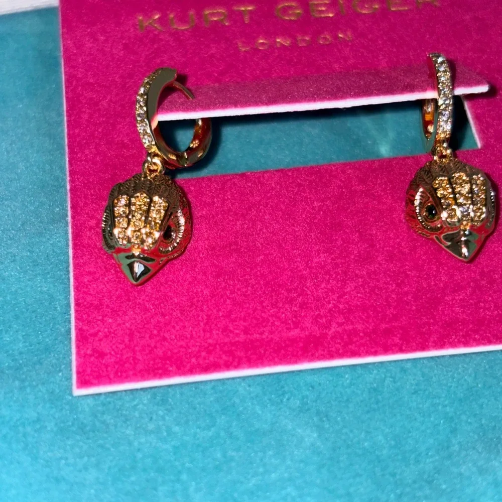 Kurt Geiger Eagle Head Huggie Hoop Earrings OS Gold NEW Crystal Pavé Drop